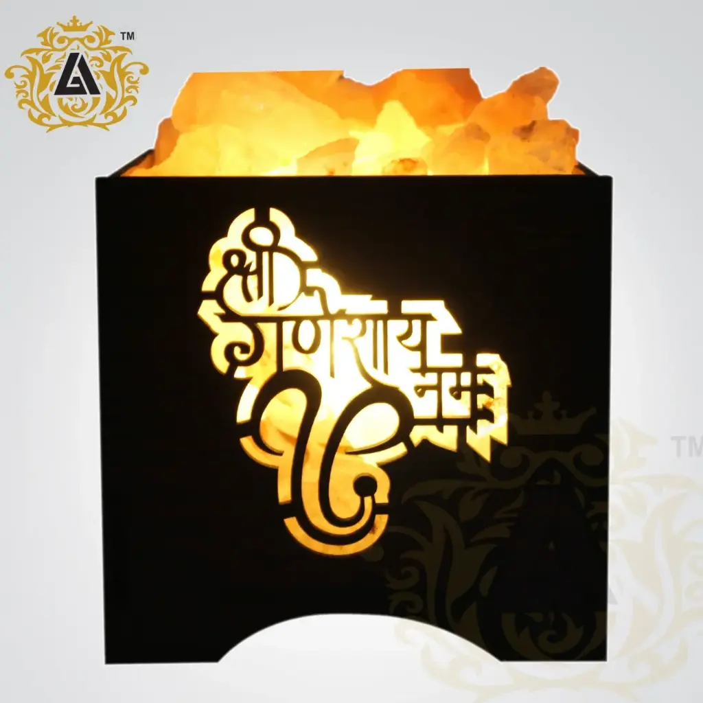 Ganesha Wooden Brown Basket Himalayan Rock Salt Lamp for Positive Energy, Vastu, Healing, Harmony, Purification, Best Wellness