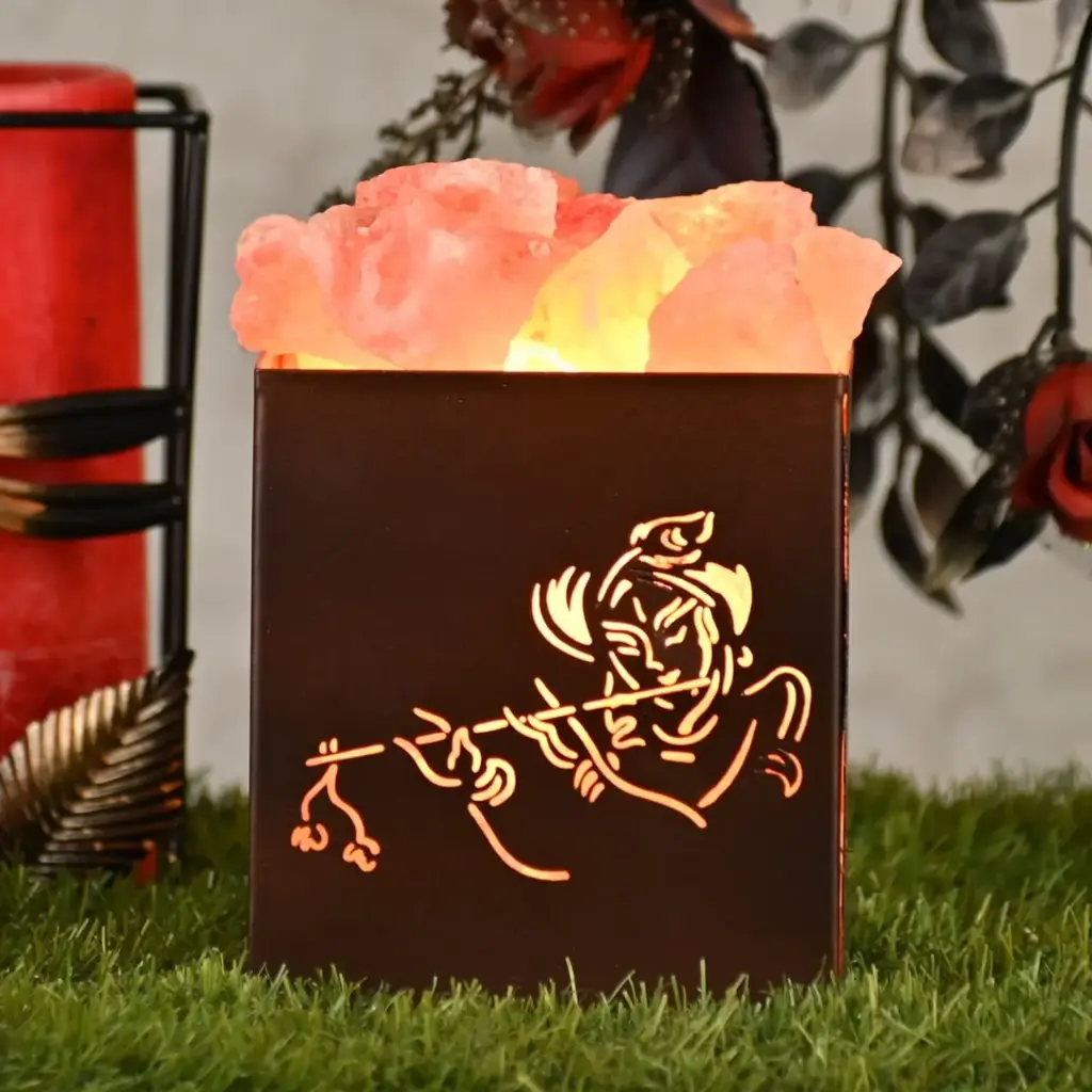 Brown Hare Krishna Himalayan Rock Salt LED Lamp For Positive Energy, Vastu, Healing, Harmony, Purification, Best Wellness