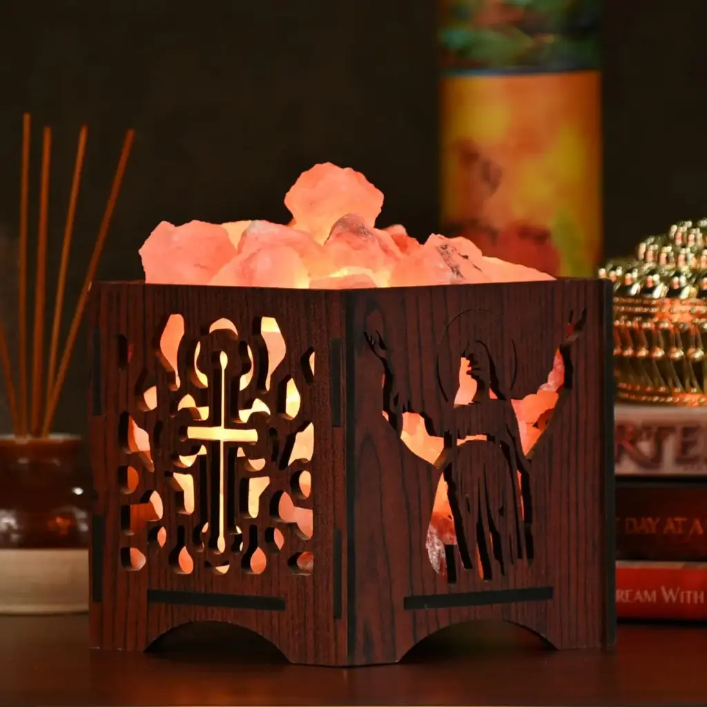 Wooden Jesus Himalayan Rock Salt Lamp for Positive Energy, Vastu, Healing, Harmony, Purification, Best Wellness Gifting