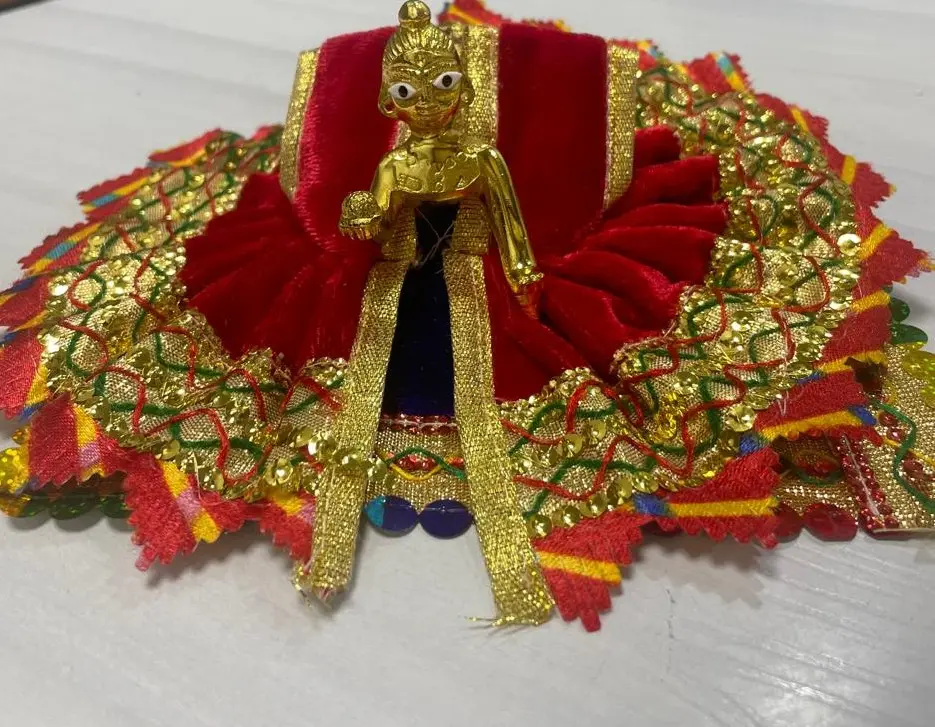 Jamunia Laddu Gopal Combo – Idol, Designer Dress & Soft Aasan | Premium Pooja Decoration Set