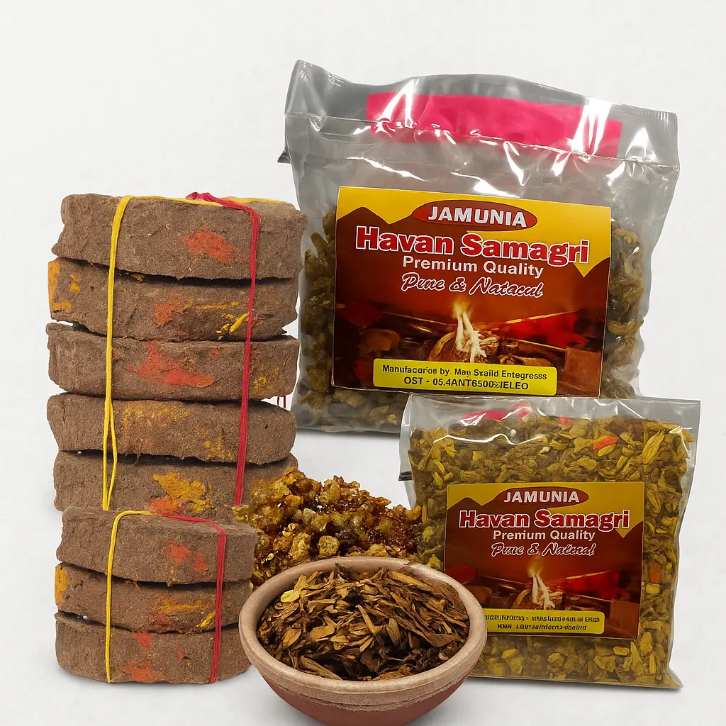 Pooja Combo Pack - Havan Samagri 200g + Googal Dhoop 200g + Cow Dung Cake 1kg + Tatela | Premium Natural Puja Essentials | Pure & Fragrant